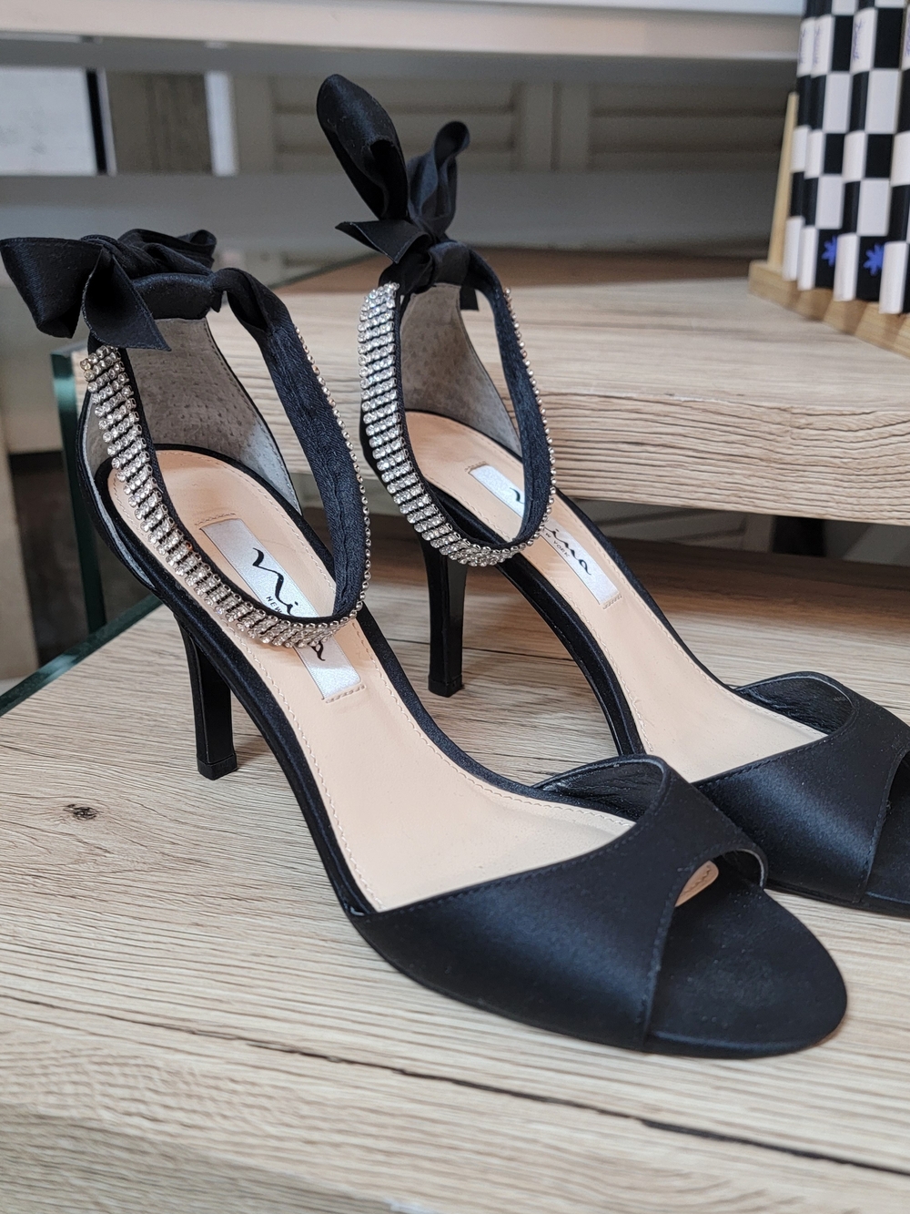 Nina Elegant Black Crisscross Evening Heels with Rhinestone Ankle Strap